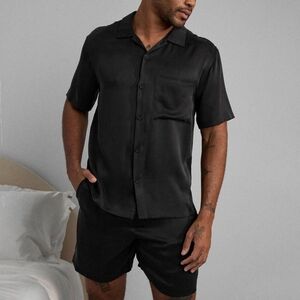 Black Silk Short Sleeve Button-Up Shirt and Shorts Set